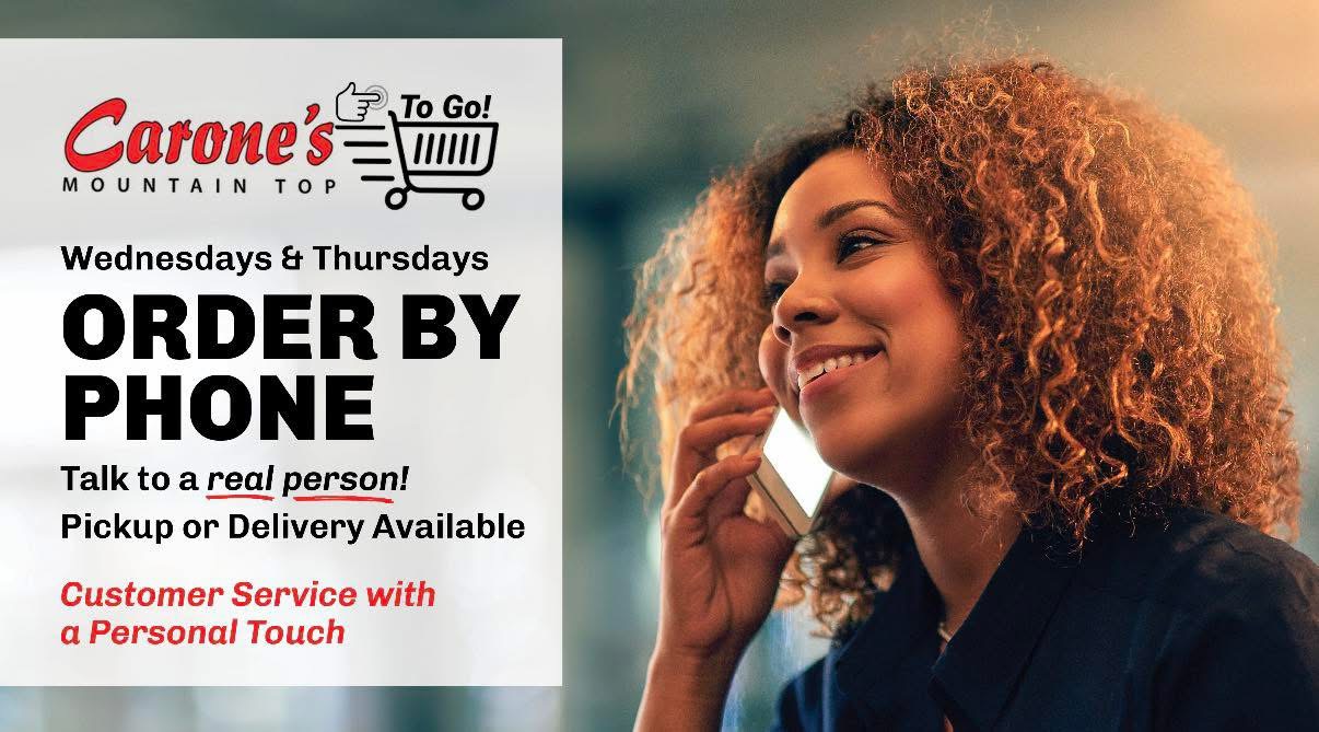 We do phone orders on Wednesdays & Thursdays. 
Talk to a real person! 
Pickup or Delivery Available. 
Customer Service with a Personal Touch.